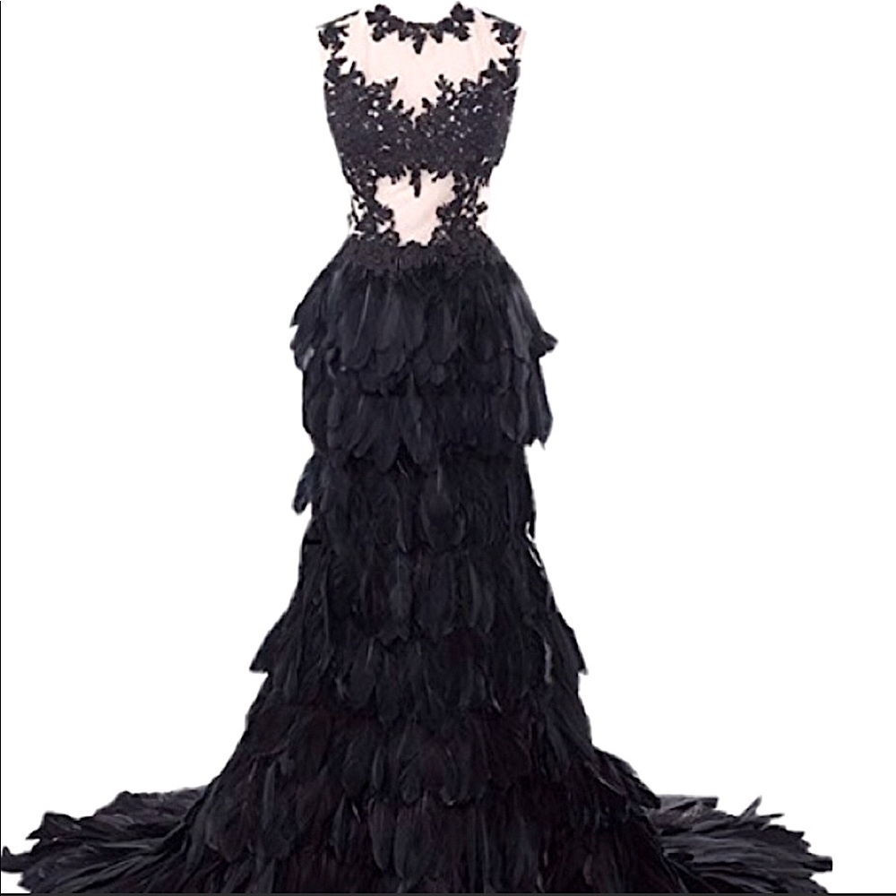 Feather Long Maxi Prom Embellished Gown Dress - Picture 10 of 12